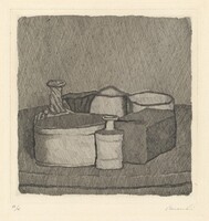 Still Life with Four Objects and Three Bottles, Giorgio Morandi, 1956