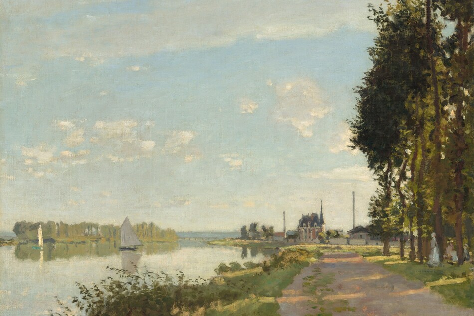 A sun-dappled dirt road runs away from us, parallel to a shimmering body of water under a blue sky dotted with white clouds in this horizontal landscape painting. The scene is loosely painted with visible brushstrokes, so some details are difficult to make out. The road moves back in space from the lower right corner of the canvas. It is lined with tall thin trees with narrow, dark green canopies to our right and with marshy grasses to our left. The road ends or curves in front of a row of terracotta-orange and gray buildings and smokestacks along the horizon, which comes about a third of the way up this composition. Two women and a child stand and sit in the shadows at the base of the trees to our right. Two sailboats drift on the glassy surface of the water. A row of celery-green trees on the horizon to our left and the sails of the boats reflect in the water. The artist signed the lower right corner, “Claude Monet.”
