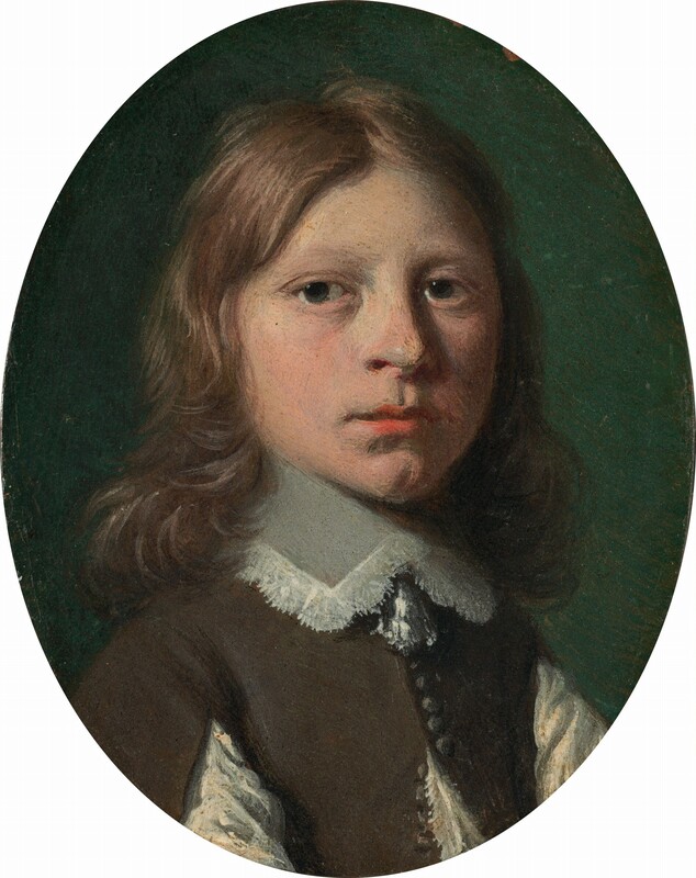 The head and shoulders of a young, pale-skinned boy fill this oval portrait painting. His shoulders are angled to our right, but he turns his face to look at us out of the corners of his large, dark blue eyes. His round cheeks and nose are slightly flushed, and his full, pink lips are closed over a cleft chin. His wavy brown hair falls to his shoulders and around his high, lace-edged collar. The boy’s brown doublet has small buttons down the front, which falls open over a linen shirt. His sleeves are also slit almost up to the shoulders to reveal linen there, too. Light from high to our left falls across the boy’s face and casts the ocean-green background into shadow.