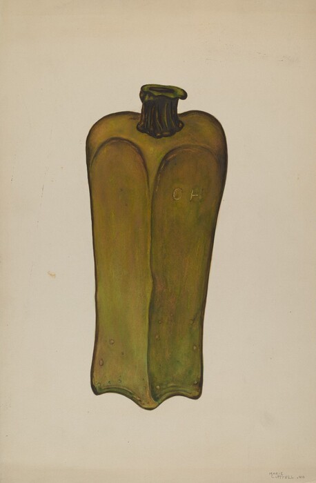 The image shows a large green bell pepper on a light background. The bell pepper is detailed with shades of green, brown, and yellow.