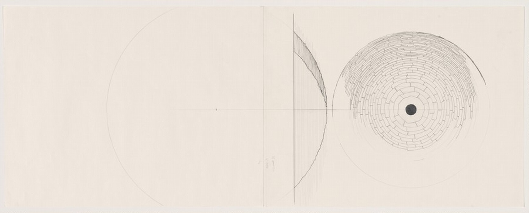 The image shows intricate lines and circles creating a symmetrical arrangement on a light background. A design of concentric circles is at the center-right, resembling layers of a tree trunk or a stone mosaic. In the center of this formation is a dark solid circle. To the left, there is a semi-circular shape made of tightly spaced parallel lines converging towards the center. The composition conveys order and balance through geometric repetition and precise alignment.