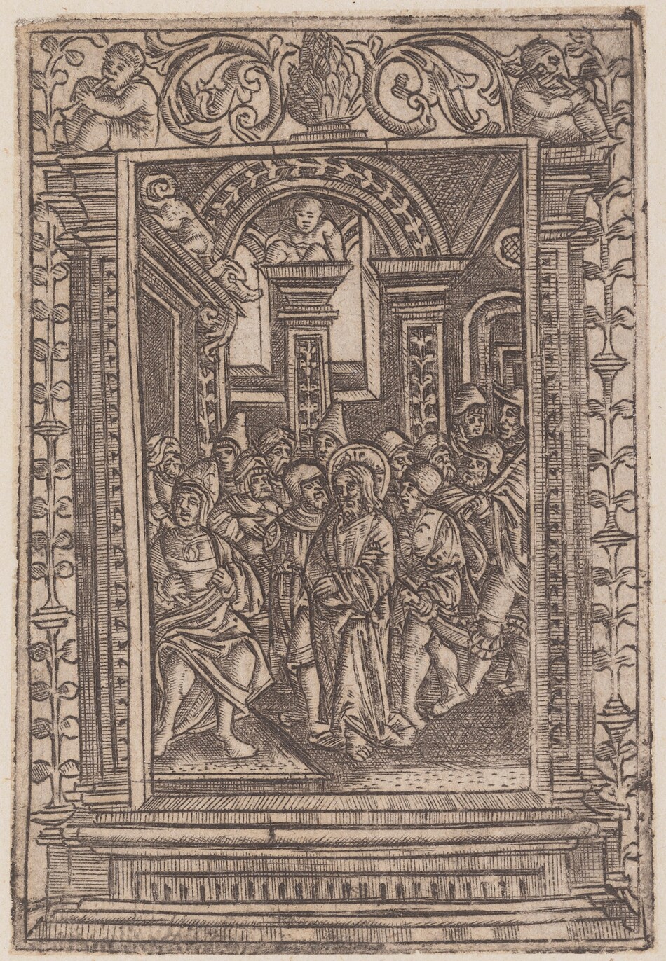 This is a drawing of a religious scene set in an architectural setting. The scene is enclosed within an ornate architectural border that includes intricate patterns and reliefs. Two perched figures sit above the frame with crossed arms. The central vignette depicts a group of figures standing in a room adorned with archways and decorative panels, possibly in a temple or grand hall. The figures seem to be engaged in some form of discussion or procession, with some of them having halos. The composition is detailed, highlighting the interaction between the figures and their architectural surroundings.