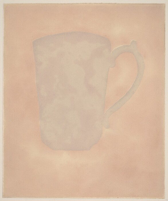 The image shows a silhouette of a large mug with a handle taking up most of the space. The colors are soft pastel hues, mainly light pinks and muted whites. The mug is centrally positioned against a washed-out pink background.