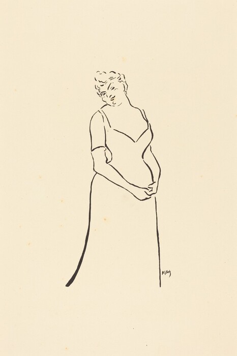 The image is a line drawing of a woman standing. She has short hair and is wearing a dress.