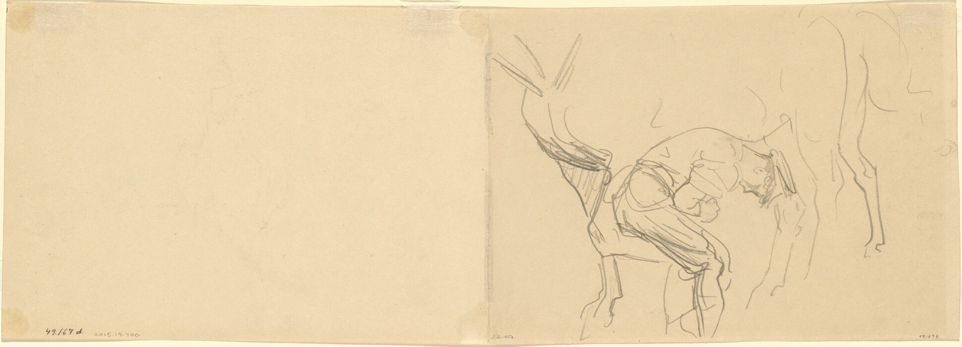 The image shows abstract pencil lines and shapes on a blank background. Most of the drawing is on the right side of the paper. The lines suggest a person bending over. The sketch is minimalistic with sparse lines, giving an abstract quality to the representation. The figure resembles a human form with lack of detail and simplicity of lines emphasizing the abstract nature of the artwork.