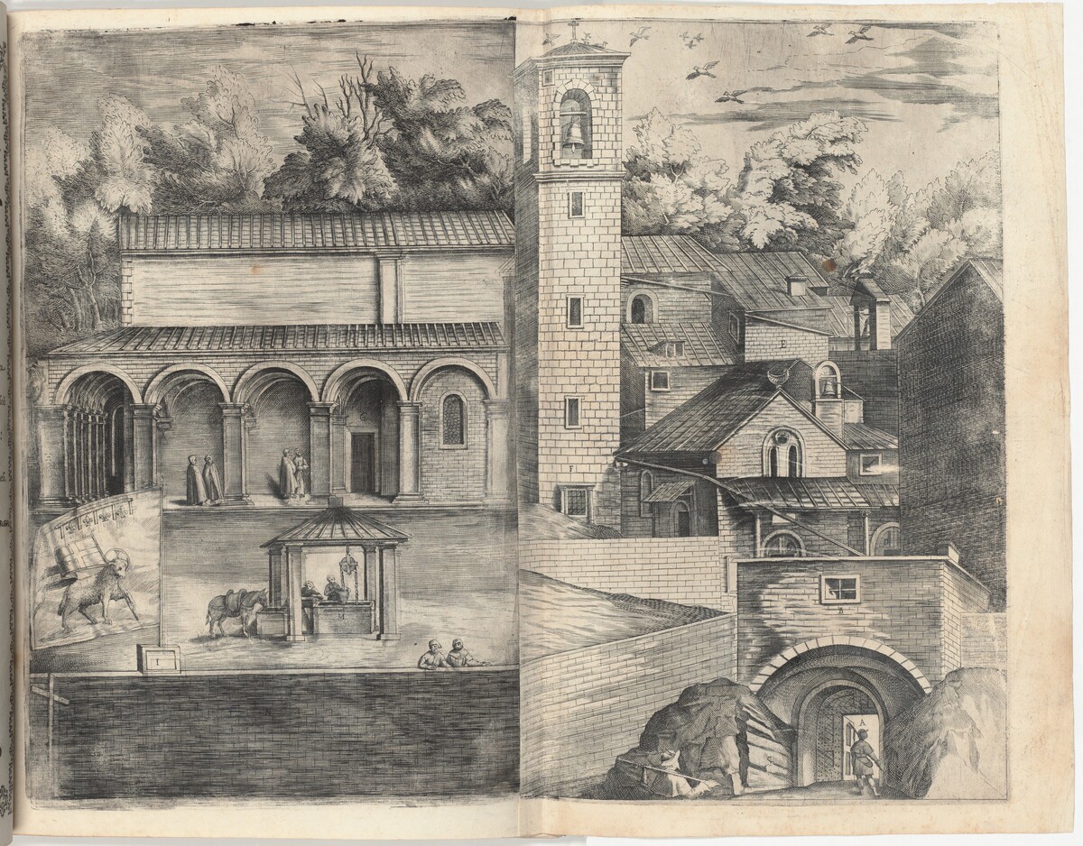 View of the Quadrant: the Main Door, the Square, the Church and the Loggia of the Monastery of the Monte della Vernia (Prospettiva dell'ingresso della prima porta, con la Piazza, Chiesa, & Loggie del Monastero del Monte della Vernia, come sta quest'Anno MDCXII) [plate D]