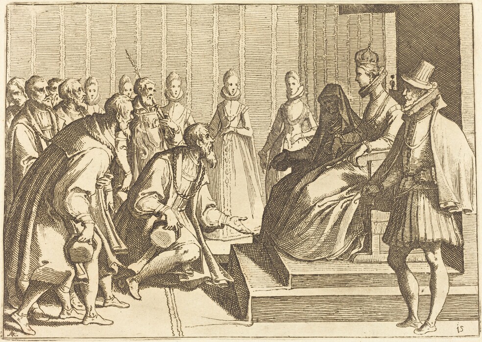This is a drawing of a seated royal figure surrounded by attendants. The drawing depicts a scene with a group of individuals in historical attire gathered around a central figure seated on a throne or elevated platform. The central figure appears to be regal, wearing a crown, and the others, both standing and bowing, exhibit gestures of deference or presentation. The clothing of all figures is elaborate, draped with robes and ruffs, suggestive of a renaissance or early modern European setting. The linear style and hatch shading provide the image with a detailed texture, and the architectural elements in the background, such as the paneled wall, add to the formality of the setting.