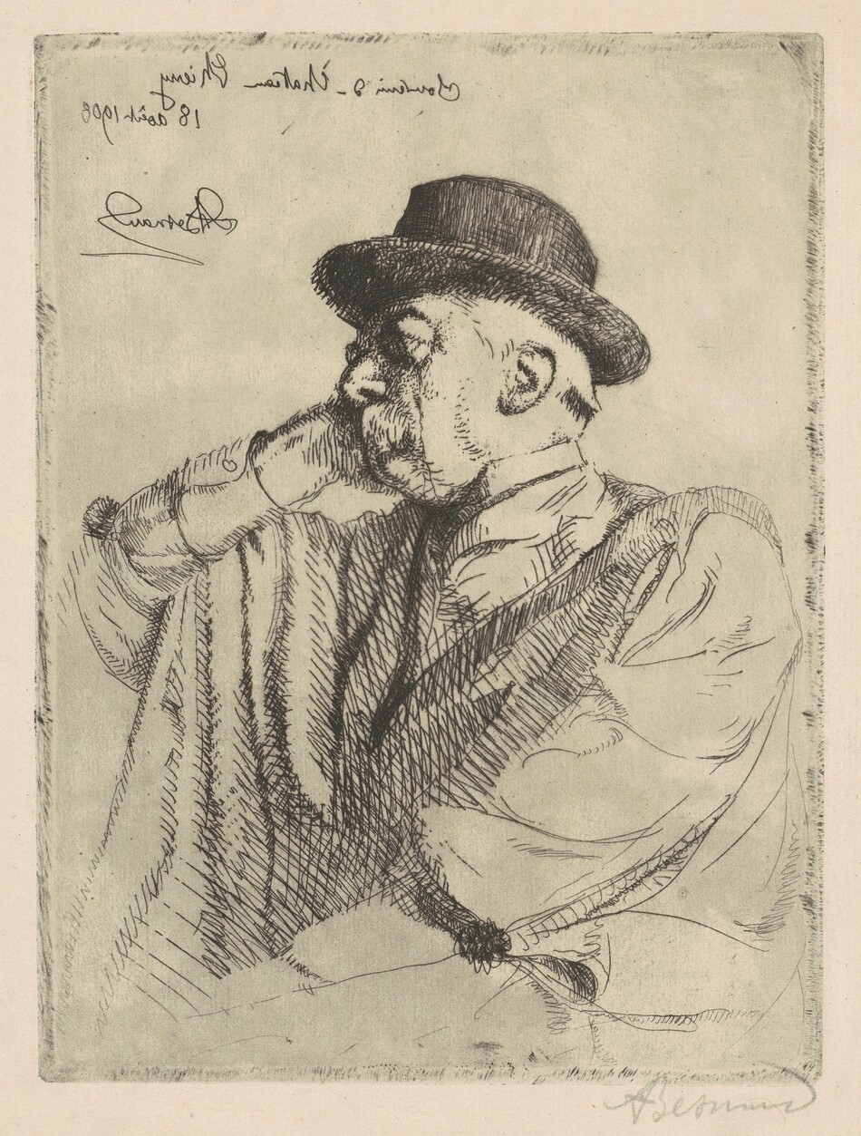 The image depicts a half-length profile of a seated person. The individual is turned slightly to their right, with their chin resting on their right hand. Their facial features are delicately sketched, showing a prominent nose and closed lips. They wear a dark hat and a loose-fitting, long-sleeved garment with folds and shading. There is a decorative clasp or fur detail on the sleeve. The background is plain with some text at the top left, likely an artist's signature or date. The artwork is rendered in a monochrome palette.