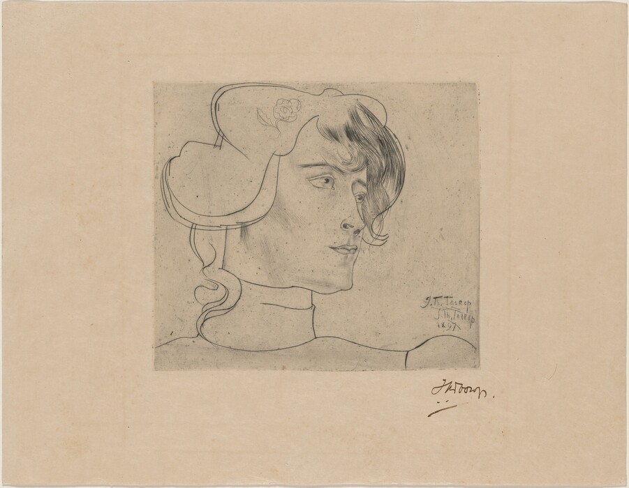 The image shows a drawing of the upper half of a person's torso in profile, facing the right side. The individual has a long neck, delicate facial features, styled hair, a high-collared garment, and an elaborately decorated hat. The background is plain with the artist's signature and date.