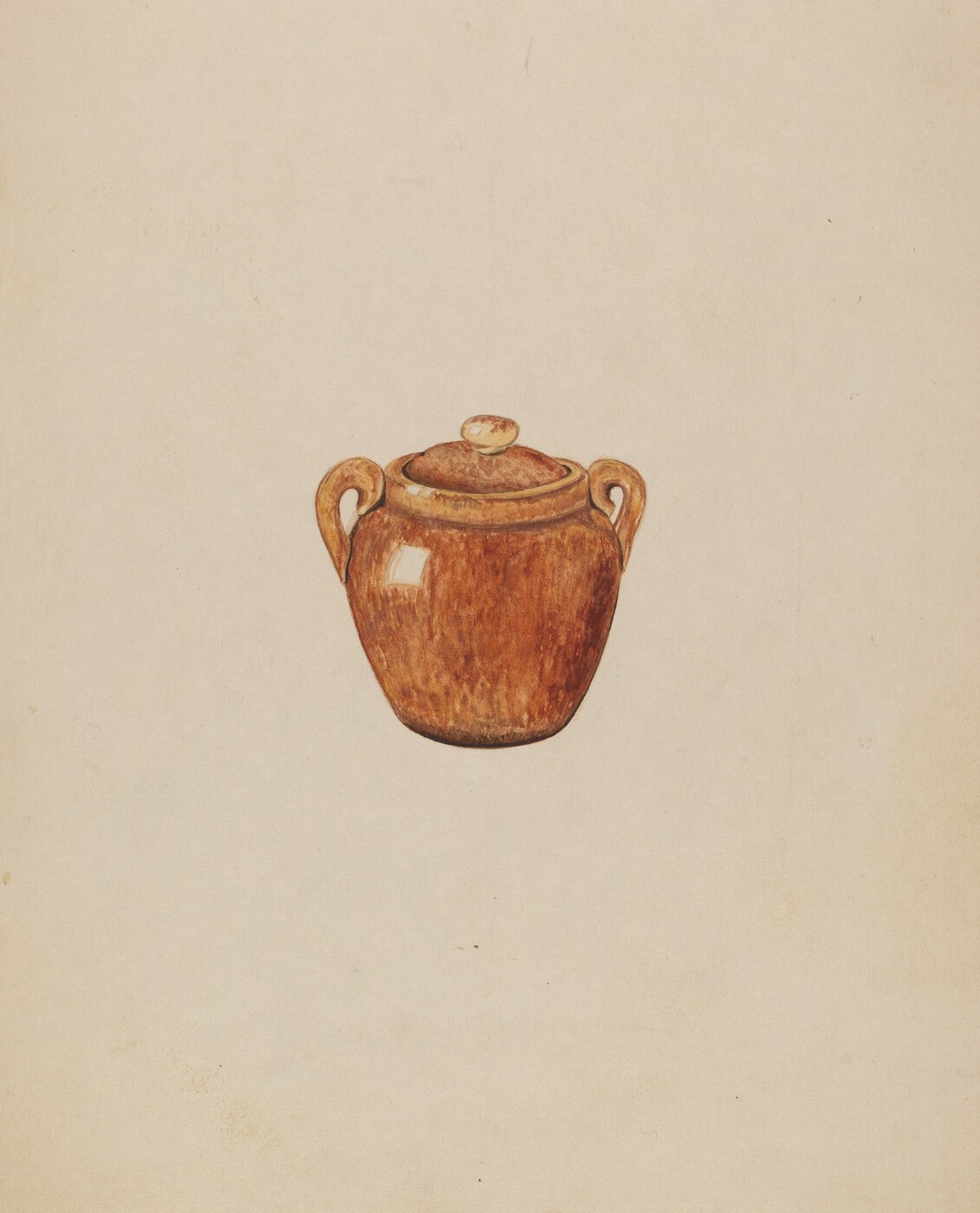 A large, round, brown ceramic pot with a lid and two side handles is centered in the image. The color palette consists primarily of shades of brown with hints of beige and subtle variations in tone giving it a slightly textured appearance. Positioned directly in the middle of a plain, light beige background, the pot is the main focus of the image.