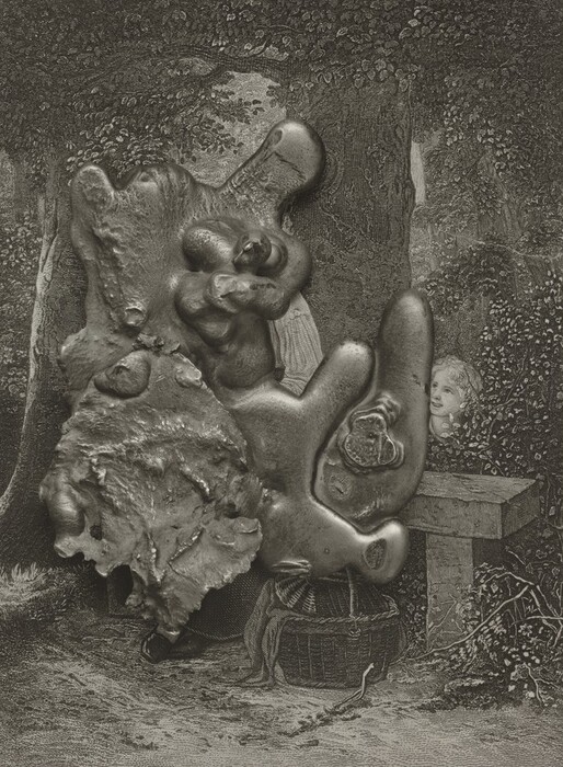 The image shows undulating and amorphous shapes forming an abstract composition. These forms merge with the textured background of a vintage-style illustration depicting a wooded setting with a tree trunk and a child peering out from behind a stone bench. The combination of organic and smooth shapes in the foreground with the intricate details of the traditional illustration in the background creates a surreal blend. The child's face stands out amidst the contrasting elements.