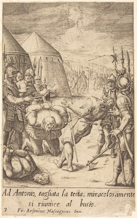 The image shows soldiers in armor surrounding a decapitated figure. The scene includes soldiers with helmets, the decapitated body holding its own head, two armored figures interacting with it, a row of tents, marching soldiers in the distance, and a sky with radiating lines.