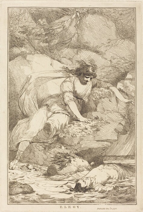 The image depicts two figures. One figure is reclining on a rocky surface, while the other is partially submerged in water. The reclining figure has flowing hair and is wearing a long, flowing garment with billowing sleeves. The other figure in the water also has long hair. There are no visible jewelry or objects being held by either figure. The background shows a rocky environment with swirling lines indicating movement. The artwork is rendered in a monochrome, illustrative style.