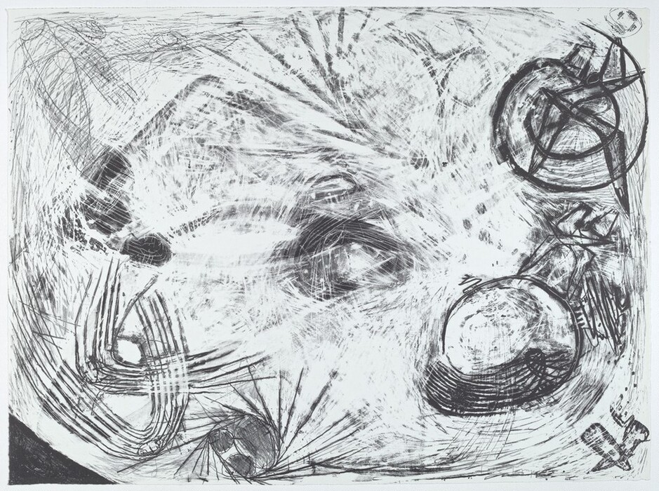 The image displays an array of swirling lines and shapes, dominating the composition with dynamic angular and circular elements. This abstract artwork features a central dark vortex. On the right, circular and crosshatched formations could be seen, imparting a mechanical feel. In the lower left, curved lines radiate outward. The combination of scratchy textures and overlapping strokes adds a sense of depth and movement.