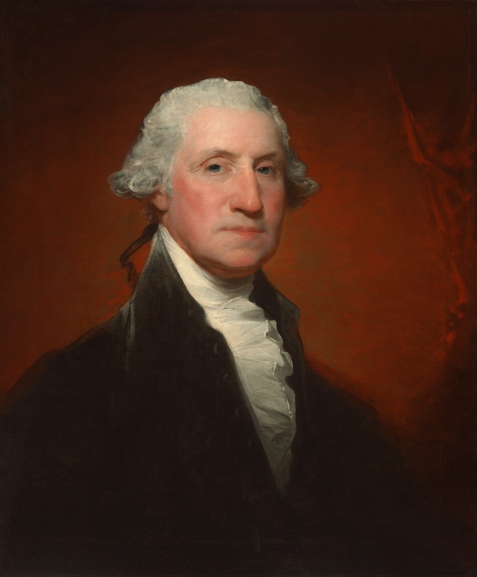 Shown from the chest up, an older man with pale, peachy skin, wearing a high-collared black coat and a cream-white, ruffled collar, is shown against a deep wine-red background in this vertical portrait painting. His body is angled to our right, and he turns his face to look at us with gray eyes under pale gray eyebrows. He has a hooked nose and jowls along his chin line. His cheeks are flushed, and his lips are set in a line. His white hair flares out along the sides of his head and is tied at the nape of his neck with a ribbon loosely painted and outlined with black. His ink-black coat has silvery gray highlights along the high collar and his right shoulder, to our left. The background is painted with light brushstrokes, deepening from scarlet red around his face to black at the upper corners.