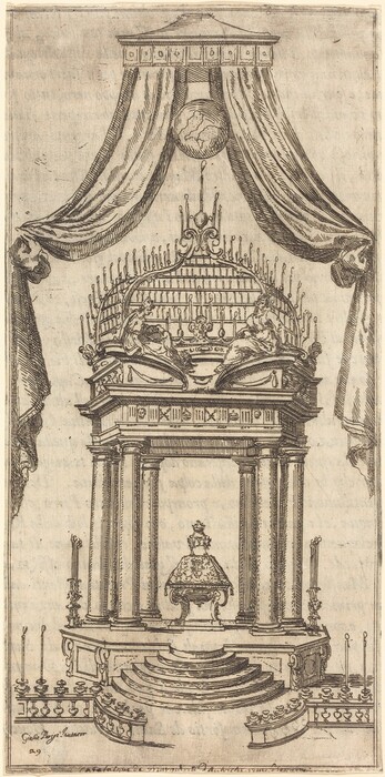 The image shows an architectural structure resembling a grand stage or altar. It includes a central platform, tall ornate columns, steps, a canopy, decorative elements, drapery, heraldic symbols, a globe, stylized figures, and engraved insignia. Candles or candlesticks are also present.