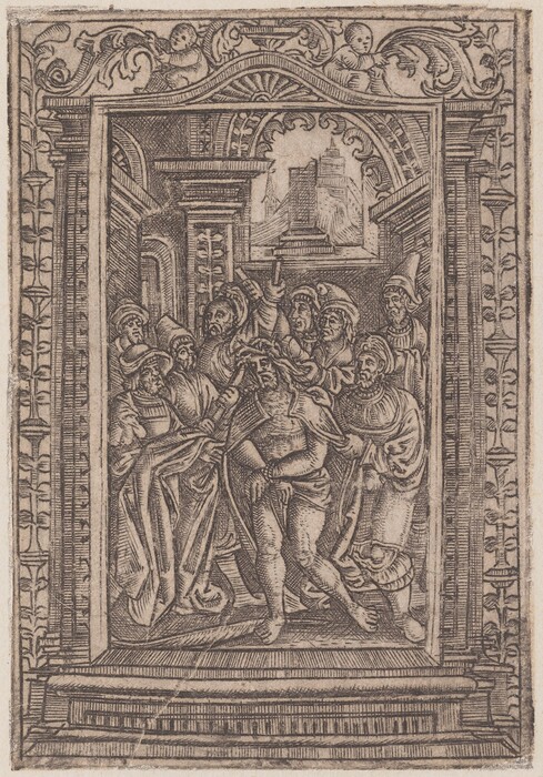 This is a detailed drawing within an ornate rectangular frame. In the center is a scene depicting figures in an interior setting surrounded by classical architectural elements like arches and columns. The figures are engaged in interaction with varying expressions. Above the scene is a decorative border with cherubic figures and intricate scrollwork. The background shows architectural structures and an urban landscape visible through an archway. The composition is framed by columns with floral and geometric patterns.