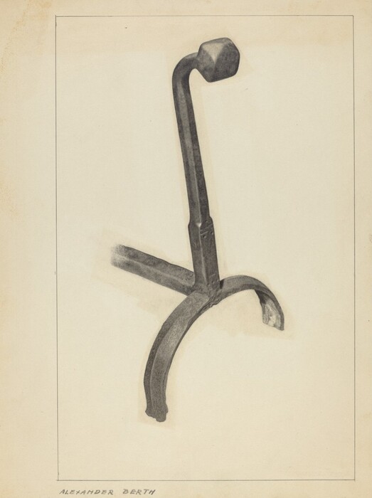 The image contains a monochrome metal object with a tall, straight bar attached to a curved base and a square-headed top positioned centrally. The object is oriented slightly diagonally from left to right, with the curved section of the base extending down toward the bottom right corner of the image. The name "ALEXANDER BORTH" is visible in small letters along the bottom edge.