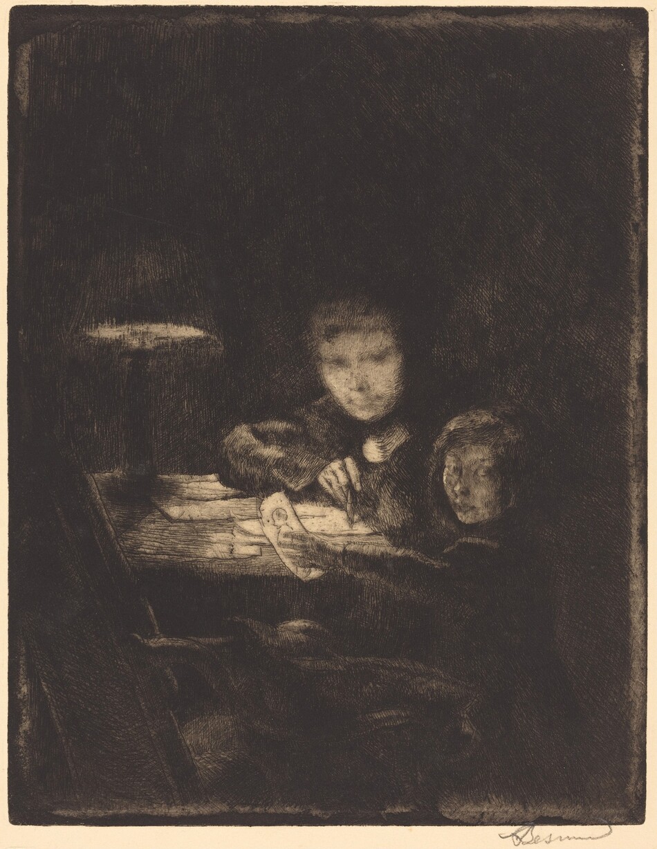 The image shows two people seated closely together at a table. One person on the left appears to be leaning over the table, while the other is looking directly at the viewer. The person on the left has short hair and indistinct facial features, while the person on the right has long hair. Both individuals are wearing dark clothing. Papers with sketches or writing are scattered on the table, and the person on the right is holding a sheet with a drawing of a face. A lamp above them casts a soft, warm glow on the table and their faces, while the background is in shadow.
