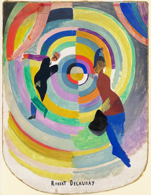 A man and a woman seem to float against a background of nested, concentric rings in this abstracted, vertical painting. The center of the rings is just above the center of the composition. The rings are further divided into quadrants, so each ring is a different color at the top left, top right, bottom left, and bottom right. The rings are in shades of lemon and golden yellow, sky, slate, and cobalt blue, lilac and violet purple, red, mint green, and white. Where the rings get close to the edges of the composition, they become more muted in tone. The woman is to our right of center. Created in areas of flat color, she has a royal blue, feathered hat and blond hair. Closer inspection reveals that her brown dress or jacket is made of a piece of paper collaged to the painting. A dash of vivid blue suggests a skirt, and a black smudge there is difficult to interpret. To our left of center, a man wearing a white shirt and black jacket seems to fall backward, toward the center of the circles. One arm, amethyst purple, is flung up and that hand is red. A curving line, like a wide, flattened U, encloses the circles along the bottom edge of the composition along its width, and the circles extend off the corners to the sides and at the top. The artist signed the work in black block letters across the bottom center: “ROBERT DELAUNAY.”