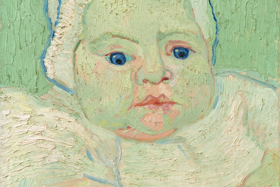 In shades of mint, laurel, and eucalyptus green, the head and shoulders of a chubby baby fill this vertical portrait painting. It is created with long, visible brushstrokes, some of which are thick enough to cast shadows onto the canvas beneath. The baby’s skin is painted with cool, light green, with peach-colored highlights. The baby has large, vivid blue eyes gazing intently down and off to our right, full lips, and chubby cheeks. The white garment comes to the baby’s elbows, and the pudgy fingers touch. The baby wears a gold bracelet and a gold ring with a round, red stone on the right hand, to our left. The garment and white cap on the head are outlined in sky or royal blue. Painted with vertical strokes, the background is a darker shade of laurel green.