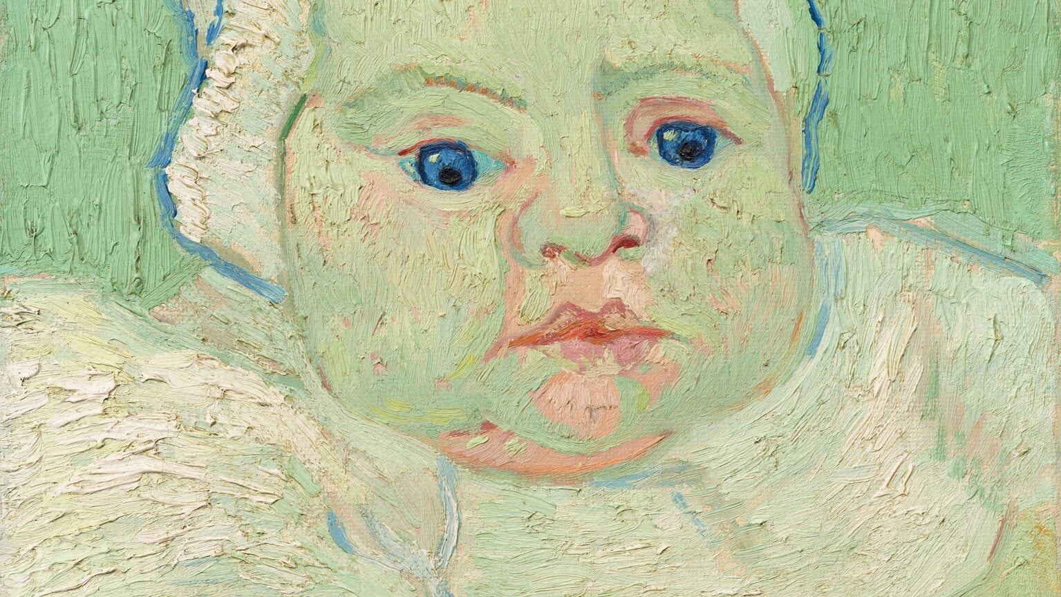 In shades of mint, laurel, and eucalyptus green, the head and shoulders of a chubby baby fill this vertical portrait painting. It is created with long, visible brushstrokes, some of which are thick enough to cast shadows onto the canvas beneath. The baby’s skin is painted with cool, light green, with peach-colored highlights. The baby has large, vivid blue eyes gazing intently down and off to our right, full lips, and chubby cheeks. The white garment comes to the baby’s elbows, and the pudgy fingers touch. The baby wears a gold bracelet and a gold ring with a round, red stone on the right hand, to our left. The garment and white cap on the head are outlined in sky or royal blue. Painted with vertical strokes, the background is a darker shade of laurel green.