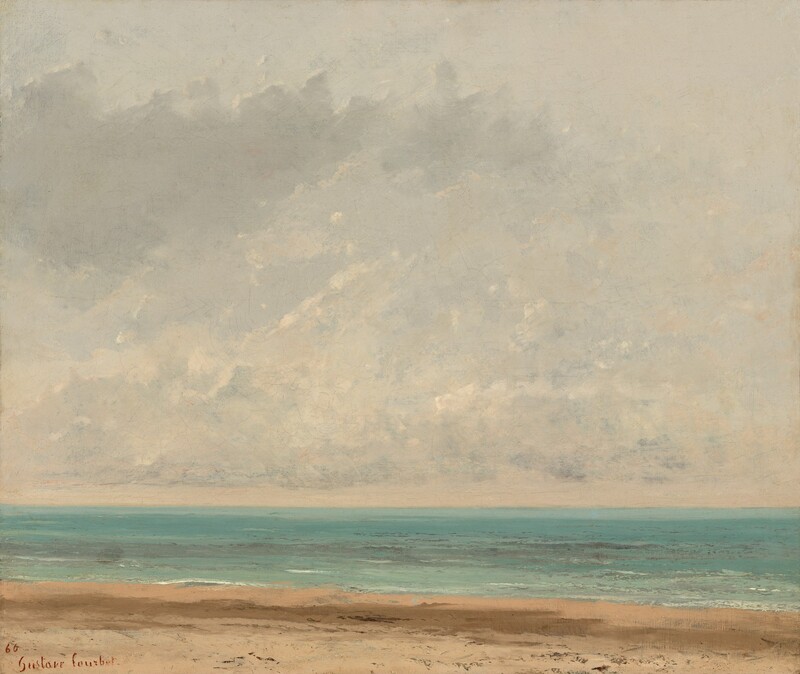 A narrow strip of beach and then a vivid turquoise stretch of water give way to a towering, hazy sky in this square landscape painting. The beach is painted with strokes of tan and peachy brown and skimmed with dark brown or black to create the impression of rocks or shells. The water extends to the horizon, which comes a quarter of the way up this composition, in shades of topaz and powder blue. Piles of fluffy clouds above are painted with loose strokes of cotton and gossamer white, creating a soft, blurred look. The artist signed and dated the canvas in the lower left corner with red paint, “’66 Gustave Courbet.”