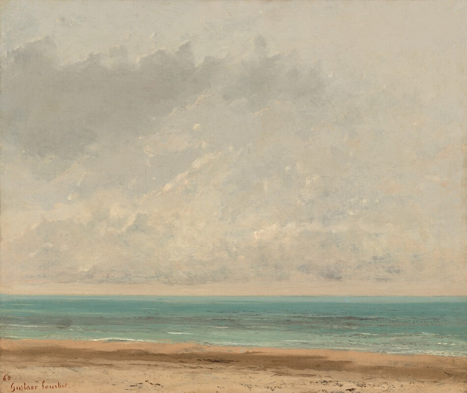 A narrow strip of beach and then a vivid turquoise stretch of water give way to a towering, hazy sky in this square landscape painting. The beach is painted with strokes of tan and peachy brown and skimmed with dark brown or black to create the impression of rocks or shells. The water extends to the horizon, which comes a quarter of the way up this composition, in shades of topaz and powder blue. Piles of fluffy clouds above are painted with loose strokes of cotton and gossamer white, creating a soft, blurred look. The artist signed and dated the canvas in the lower left corner with red paint, “’66 Gustave Courbet.”