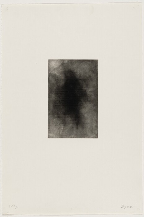 A rectangular shape with soft and blurred edges is in the center of a square off-white canvas. The piece shows black and gray ink forming indistinct shapes on the rectangle. The underlying text is partially obscured, giving a mysterious and ghostly appearance.