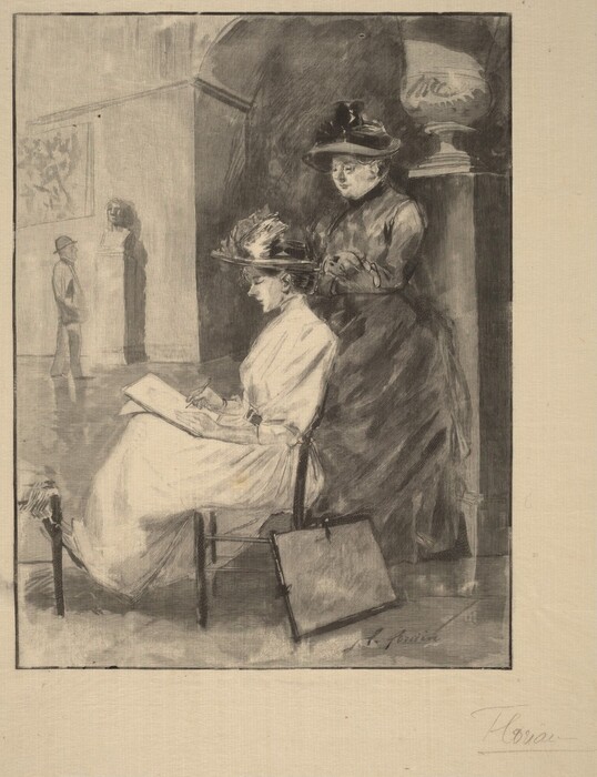 The image shows two women in a room that appears to be an art gallery or museum. One woman is seated and focused on a notebook or sketchpad in her lap. The other woman is standing and looking at the seated woman's work. Both women are wearing elegant dresses and hats, with one woman's hair styled up and topped with feathers. There is a bust sculpture on a pedestal, a large urn, and paintings or artwork displayed in the background. A man is also visible in the distance. The room has a classical and formal ambiance with architectural elements.