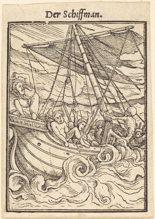 The image is a woodcut illustration of a ship in stormy waters. The perspective is straight on, showing the ship amidst large waves with a low horizon. The waves are intricately carved with bold lines. Figures on the ship are detailed, and the overall color palette is monochromatic with black ink on aged paper. The title "Der Schiffman" is at the top of the image.