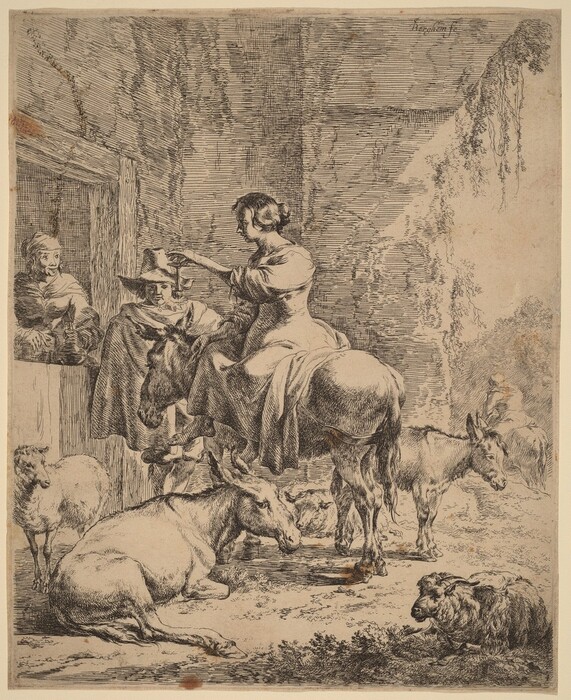 The image shows a pastoral scene with donkeys and sheep. A woman is sitting on a donkey, reaching out towards a man in a wide-brimmed hat. In the foreground, there are donkeys and sheep, creating a sense of rural life. The detailed line work and cross-hatching add depth and texture to the image. The background features a stone or rough-textured wall, and the composition is balanced with animals and figures arranged to capture a moment of everyday life in a countryside setting.