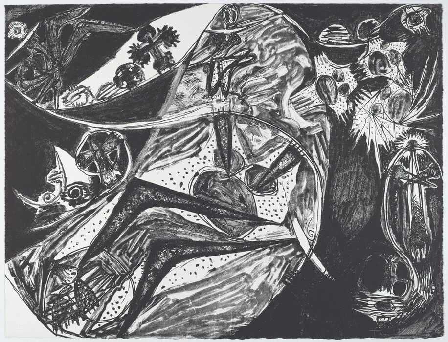 The image depicts an abstract composition of swirling lines and shapes that convey movement. The artwork combines star-like forms with organic shapes, creating a dynamic and intricate design. The overlapping curves suggest floral patterns and aquatic elements, while hinting at humanoid figures and faces.