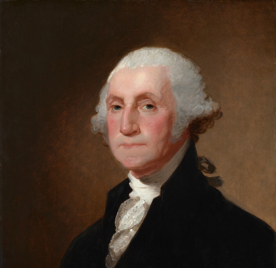 Shown from the chest up, a cleanshaven, middle-aged man with pale skin and silvery gray hair, wearing a white, ruffled shirt under a velvety black, high-necked jacket, looks out at us in this vertical portrait painting. His body is angled to our left, and he turns his face slightly to look at us with gray eyes under slightly arched eyebrows. He has a long nose and his thin lips are closed in a straight line. Shadows define slightly sagging jowls along his jawline and down his neck. His light gray hair is pulled back from his forehead and swells in bushy curls over his ears. Part of a black ribbon seen beyond his shoulder ties his hair back. Light illuminates the person from our left and creates a golden glow on the light brown background behind him.