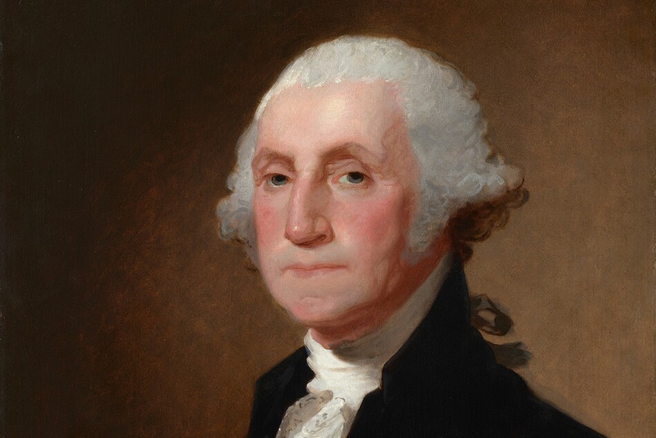 Shown from the chest up, a cleanshaven, middle-aged man with pale skin and silvery gray hair, wearing a white, ruffled shirt under a velvety black, high-necked jacket, looks out at us in this vertical portrait painting. His body is angled to our left, and he turns his face slightly to look at us with gray eyes under slightly arched eyebrows. He has a long nose and his thin lips are closed in a straight line. Shadows define slightly sagging jowls along his jawline and down his neck. His light gray hair is pulled back from his forehead and swells in bushy curls over his ears. Part of a black ribbon seen beyond his shoulder ties his hair back. Light illuminates the person from our left and creates a golden glow on the light brown background behind him.