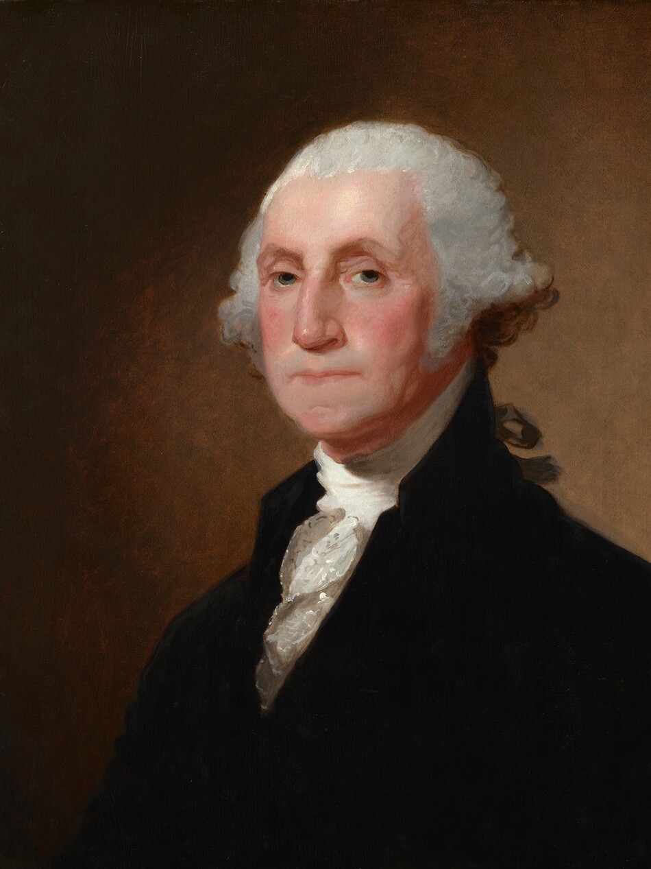 Shown from the chest up, a cleanshaven, middle-aged man with pale skin and silvery gray hair, wearing a white, ruffled shirt under a velvety black, high-necked jacket, looks out at us in this vertical portrait painting. His body is angled to our left, and he turns his face slightly to look at us with gray eyes under slightly arched eyebrows. He has a long nose and his thin lips are closed in a straight line. Shadows define slightly sagging jowls along his jawline and down his neck. His light gray hair is pulled back from his forehead and swells in bushy curls over his ears. Part of a black ribbon seen beyond his shoulder ties his hair back. Light illuminates the person from our left and creates a golden glow on the light brown background behind him.
