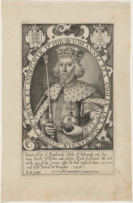 The engraving shows a man from the waist up facing forward. He holds a scepter in his right hand and a globus cruciger in his left. He has a beard, mustache, shoulder-length wavy hair, and wears a crown, ornate robe, and fur trimming. The design includes heraldic shields and an oval frame with inscriptions labeling him as King John of England. The background is a detailed yet neutral space.
