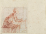 Drawn with red chalk on eggshell-white paper, a woman sits on a box and leans forward, holding out a square cloth. Her body faces our right in profile, and she wears a headdress and a long-sleeved, full-skirted dress. She rests one elbow on her knee as she leans forward. The scene is loosely sketched.