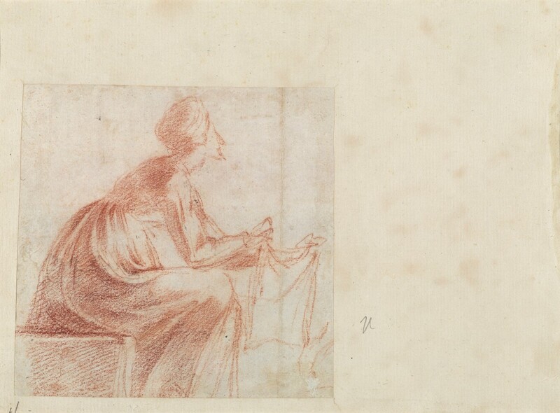 Drawn with red chalk on eggshell-white paper, a woman sits on a box and leans forward, holding out a square cloth. Her body faces our right in profile, and she wears a headdress and a long-sleeved, full-skirted dress. She rests one elbow on her knee as she leans forward. The scene is loosely sketched.