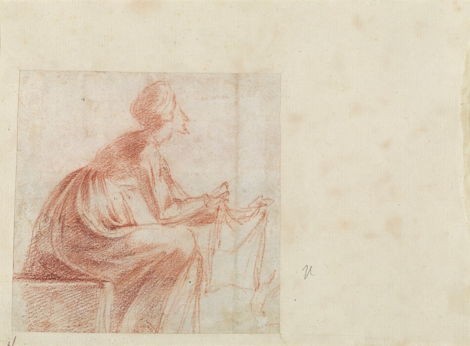 Drawn with red chalk on eggshell-white paper, a woman sits on a box and leans forward, holding out a square cloth. Her body faces our right in profile, and she wears a headdress and a long-sleeved, full-skirted dress. She rests one elbow on her knee as she leans forward. The scene is loosely sketched.