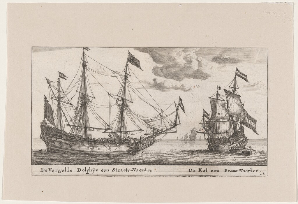 The image displays a maritime scene with two large sailing ships on calm waters. The horizon is low, with other distant ships in the background. The sky has soft clouds, indicating clear weather. The brushstrokes are fine and detailed, focusing on the ships' features. The color scheme is monochromatic with shades of gray and black. The ships are detailed with rigging and flags, while the distant sea features more ships.