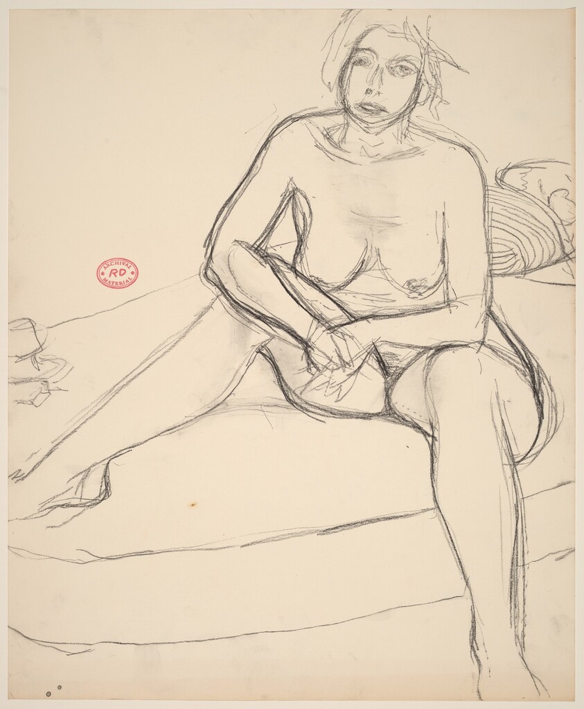 Untitled [female nude with clasped hands sitting on a bed]