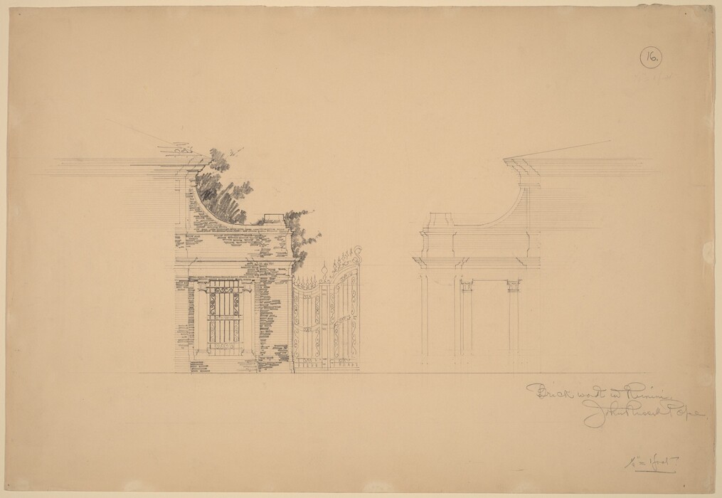 This is a drawing of architectural elements and details. It depicts a classical building facade with columns, a window, and ornate gates. The drawing shows precise line work and shading, illustrating an elegant design with intricate decorations on the gate and window. The architecture features geometric patterns and classical features such as pilasters and entablatures. The background has light shading that suggests trees or foliage, adding depth around the architectural forms.