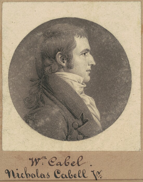 This image shows a bust portrait of a man in profile with the upper half of his body visible. He is positioned facing to the left side of the image. The man has a prominent nose, a slightly pointed chin, and a high forehead. His hair is combed back and tied at the nape of the neck, with wavy locks near the ears. He is wearing a dark-colored coat with a high collar and a white cravat wrapped around his neck. No visible jewelry or objects are present. The background is a plain, dark circular area, framing the subject and isolating him from the outer faint, textured area that matches the tone of aged paper. At the bottom, a handwritten inscription reads "Wm Cabel Nicholas Cabell Jr."