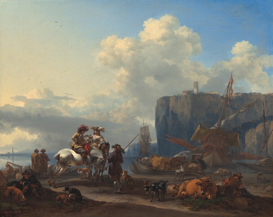 A man and woman on horseback are on a strip of land also occupied by livestock, dogs, and seven other people in front of a body of water and towering cliff in this horizontal landscape painting. The couple on horseback is in the lower left quadrant of the composition, and they both have pale, peach-toned skin. The man’s silvery-white horse pulls its head down and back toward its front legs, mouth open. The man sits with one hand holding the reins and the other planted on his hip, palm facing out. He wears a white cloth tied around his neck, a tan-colored jacket, loose, nickel-gray pants, knee-high brown boots, and a wide-brimmed, peanut-brown hat with plumes of mauve-purple feathers. The man has shoulder-length, dark, curly hair and a goatee. A curved horn hangs from a strap looping across his torso, and a scarlet-red cloth is bunched over the saddle. Behind the white horse, the woman’s brown horse faces us. The woman wears a dark yellow dress with white sleeves and a white cloth along the neckline. Her hair is loose under a wide-brimmed, brown hat with dark yellow and white feathers. A falcon perches on her glove-covered hand. The mounted man talks to another man who stands next to the white horse. That man also has peach-toned skin, holds a lance, and wears a dark, royal-purple coat. A clean-shaven, pale-skinned young man sits and hunches toward two dogs at his feet in the lower left corner of the picture. Two more men wearing long robes stand a short distance away behind the boy. One has their back to us and the other, facing us, has dark brown skin and wears a turban.  He holds one hand out, palm up. The person on this side sits in a boat near the left edge of the painting, looking off in that direction. He has dark, peach-colored skin and also wears a turban and robe. Six dogs spaced across the picture from the left edge to the mounted couple have brown or black fur with white spots. In the lower right corner of the composition, a person wearing tattered brown and red clothes sits facing away from us next to a cow and two sheep, all of whom lie down. The cow looks in our direction, head held low. Three goats mill about, and two sheep lie in a pile by the water’s edge as two men coax another goat onto a rowboat already laden with at least two cows. A two-masted sailing ship sits askance in low water to the right. A sailboat edges into the scene from the right edge, and a ship with sails unfurled sails near the cliff face to the right. That rocky outcropping comes almost halfway across the picture and is painted in tones of earthy brown and marine blue. Blocky structures along the top of the outcropping are hazy in the distance. The body of water stretches back to the horizon, where there are more outcroppings on the right and a church tower on the left. Mounds of white, puffy clouds against a vivid blue sky fill the top three-quarters of the composition behind the rock formations.