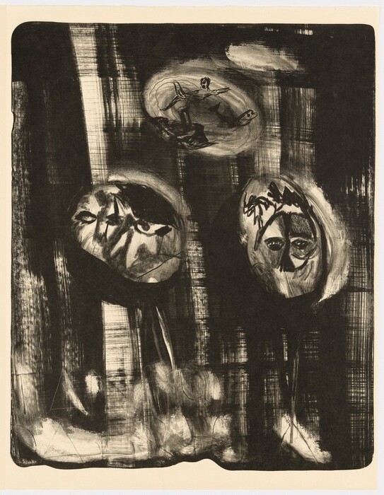 The image contains swirling lines and circular shapes that form an abstract composition. Overlapping areas of dark and light create three rounded figures resembling faces. A central upper shape suggests movement or floating, evoking a sense of a dancer in motion. The artwork conveys a scene where mystical beings engage in a dance or gathering, resembling masks or figures in a dreamscape. The varying shades of dark and light enhance depth and movement.