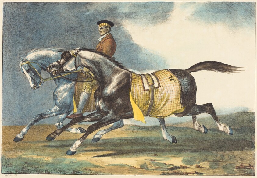 Two Dapple-Gray Horses Exercising (Deux chevaux gris pommele que l'on promene)