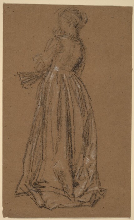The image shows a sketch of a person in a three-quarter view facing left. The individual has their arms crossed or holding something close to the chest. The head is turned away, with hair gathered in a bun. The person wears a long dress with drapery and folds. No visible jewelry or objects are shown, and the background is textured brown paper.