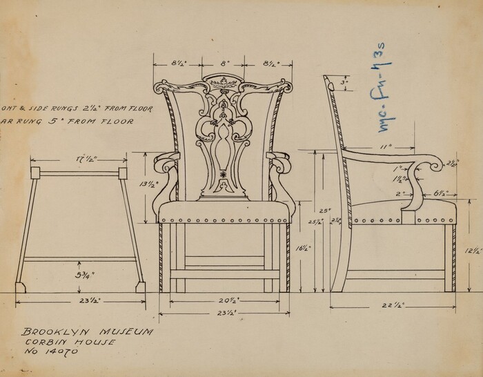 This is a drawing of a detailed chair design. The image shows the front, side, and top views of a chair with intricate features such as ornate carving work on the backrest and a cushioned seat. Details like measurements and annotations are included in the drawing, along with specific dimensions in inches next to various parts of the chair. There is text in the bottom left corner that reads "Brooklyn Museum Corbin House No. 1070." The side view shows the elegant curvature of the chair’s armrests and back.