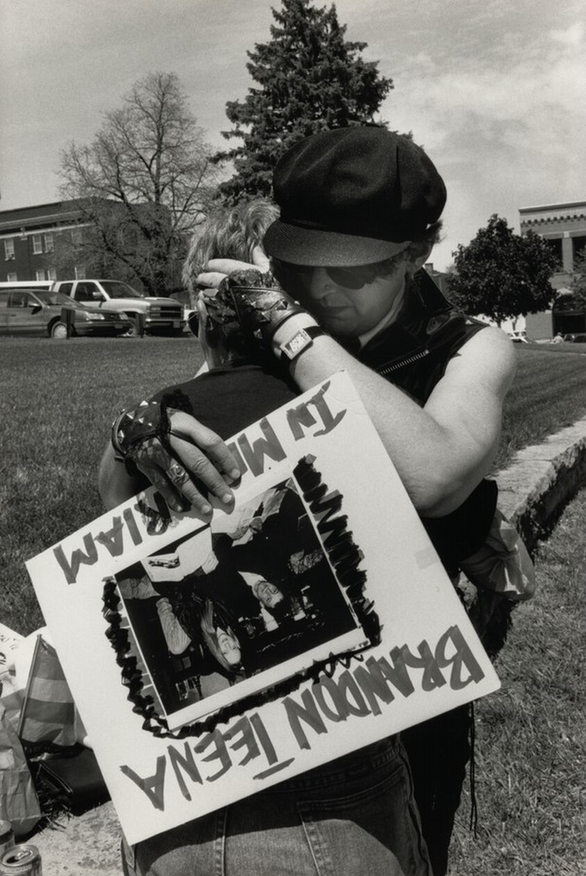 Kate Bornstein and Friend, Consoling Each Other, at the Brandon Teena Visit, Humboldt, Nebraska